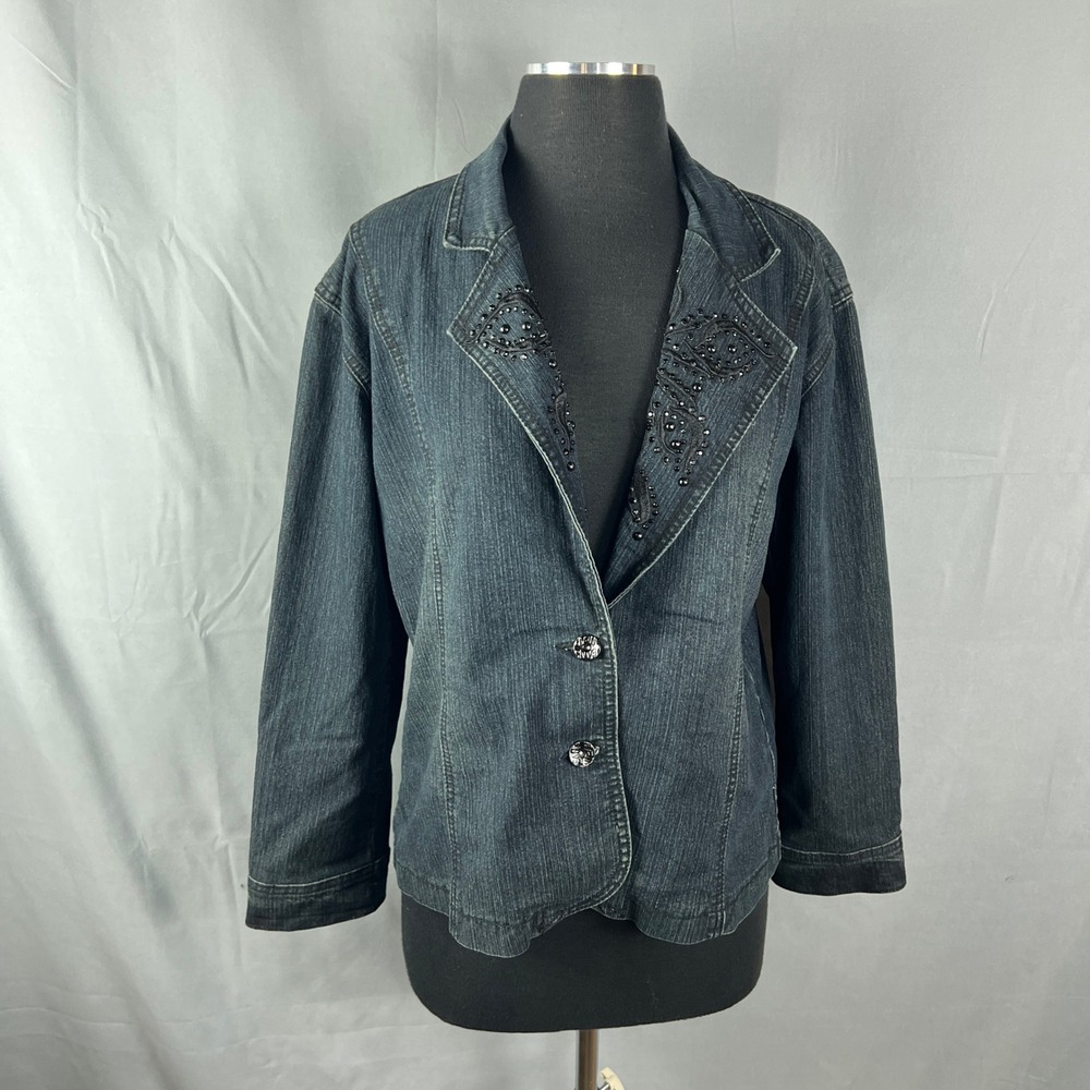 Daniel Jeans Denim Blazer Jacket Women L Blue Cotton Beaded Embroidery Dark Wash